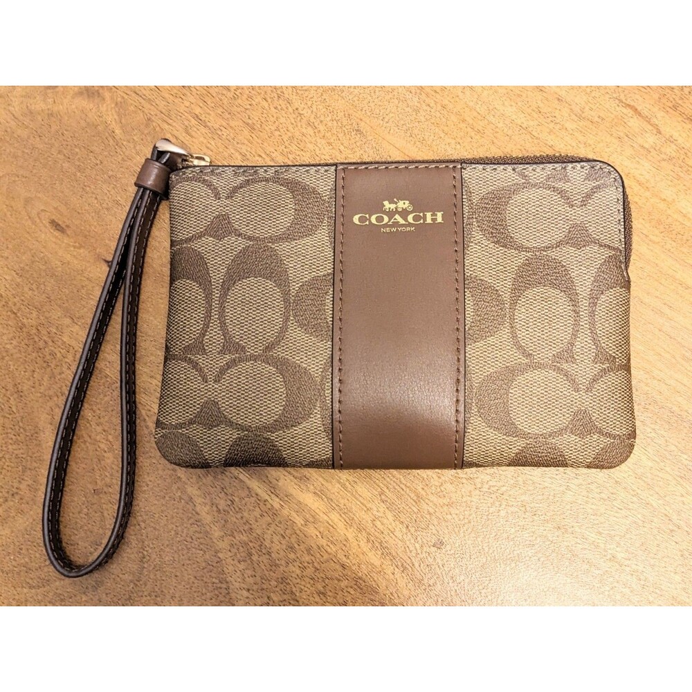 COACH Signature Corner Zip Wristlet F58035 Khaki Saddle Canvas Leather Clutch